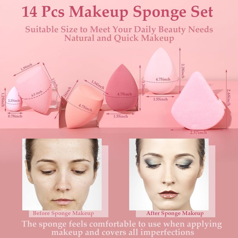 AuraRay 14 Pcs Makeup Sponge Set,Beauty Sponges Blender with 4 Pcs Powder Puff and 4 Pcs Mini Make up Sponges Valentine's Day,Mother's Day for Women Liquid,Foundation,Powder,Concealer,Cream(Pink) - Image 3